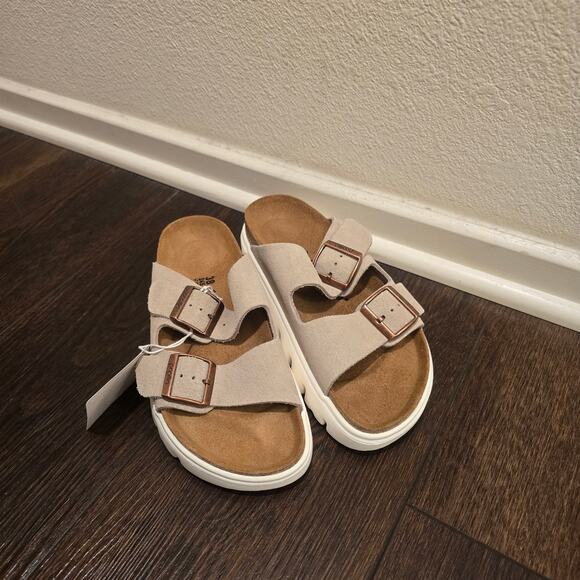 Papillio Birkenstock Arizona Pap Taupe Platform Chunky Slides Sz 38 US 7 Narrow - Picture 7 of 10